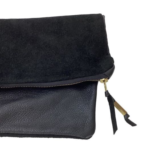 Leather Suede Black Clutch Fold Over Pouch Zip Closure Patchwork Minimal Purse - Picture 2 of 7